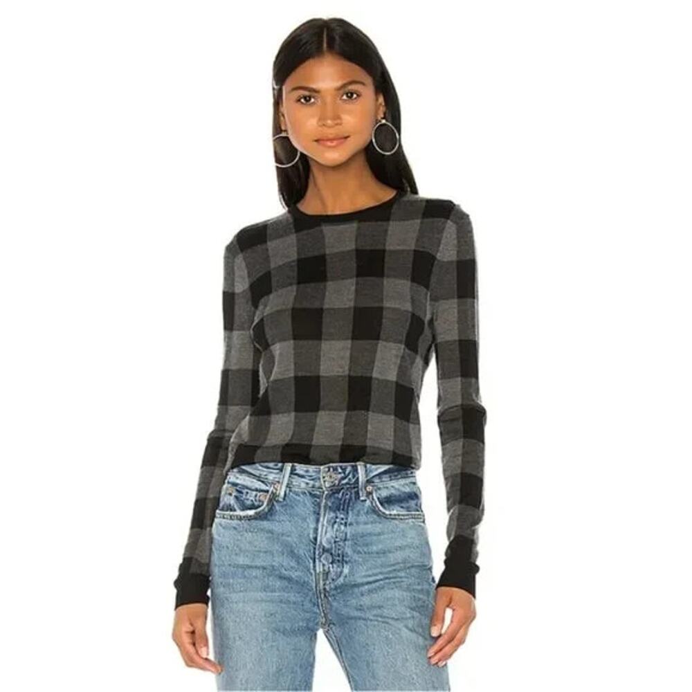 Theory Charcoal Silk Cashmere Wool Buffalo Plaid Knit Crewneck Sweater Small